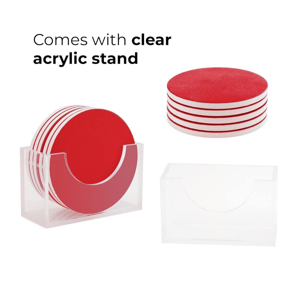 4" Inch Red Ceramic Coasters with Acrylic Stand - Coasters for‎ Drinks (5-pack)